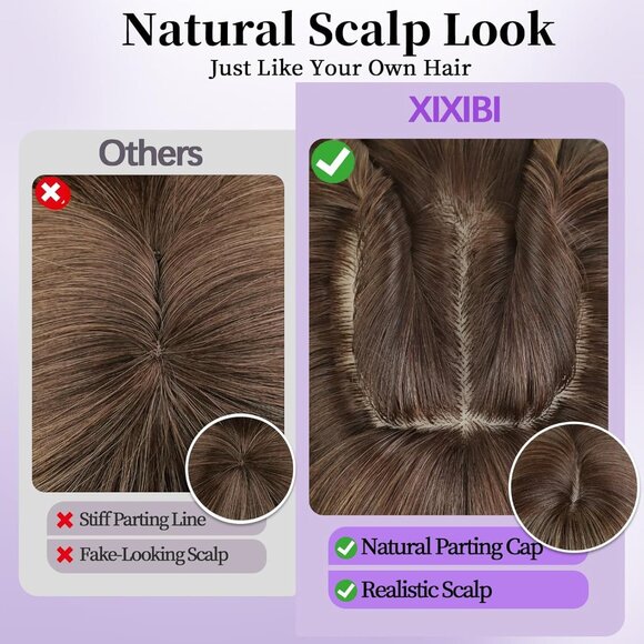 Light Brown Wig with Bangs for Women, Brown Mixed Blonde Layered Curly Wavy Wigs - Picture 5 of 9